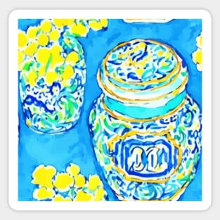 Mimosa and chinoiserie jars on turquoise Sticker